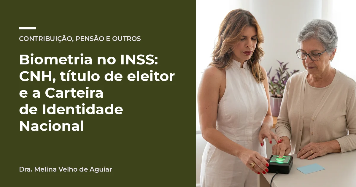Biometria no INSS: CNH, título de eleitor e a Carteira de Identidade Nacional. A advogada Melina Velho de Aguiar com uma aposentada de uns 65 anos pondo o dedo no leitor de digital, num balcão de identificação.