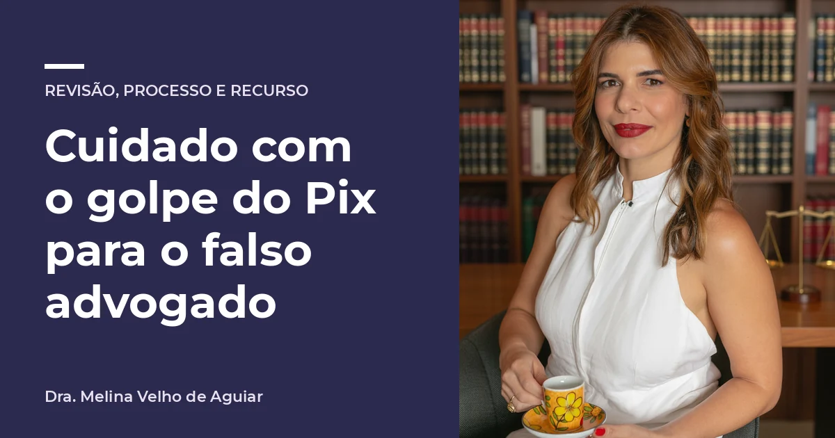 Cuidado com o golpe do Pix para o falso advogado. A advogada Melina Velho de Aguiar em um cenário ligado ao assunto, área Revisão, processo e recurso.